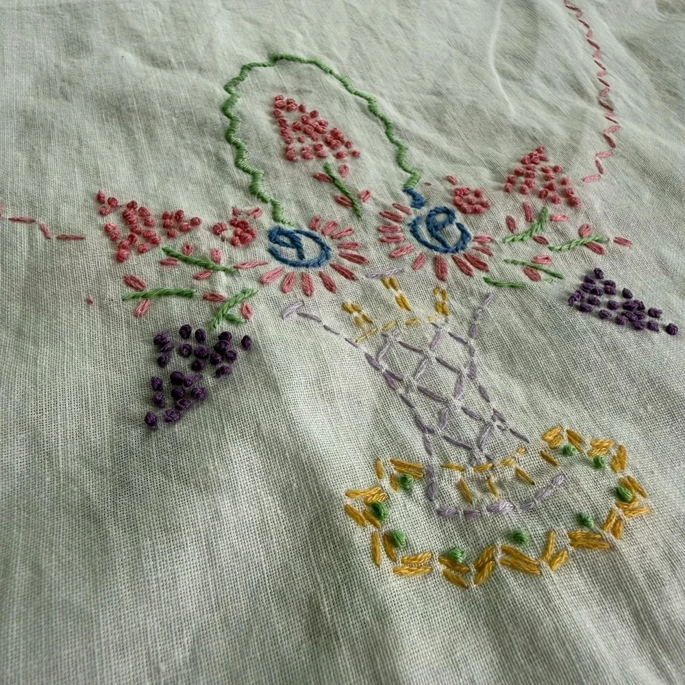 Vtg Embroidered Crochet Dresser Scarf Table Runner Flower Basket Thin Fabric EUC